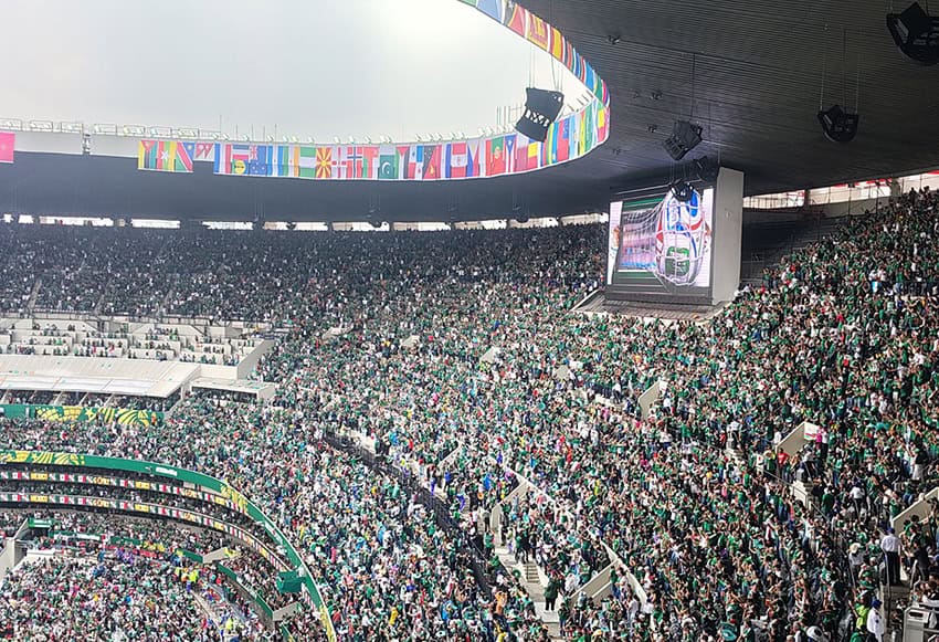 A jumbo screen in Mexico City Stadium shows a cartoon goal after Mexico's second goal against South Africa