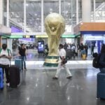 Mexico City International Airport with a World Cup statue at center