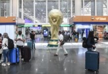 Mexico City International Airport with a World Cup statue at center