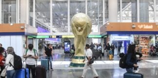 Mexico City International Airport with a World Cup statue at center