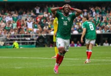 Julián Quiñones celebrates after scoring the first goal of the 2026 FIFA world cup
