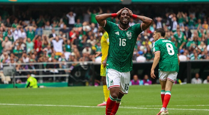 Julián Quiñones celebrates after scoring the first goal of the 2026 FIFA world cup