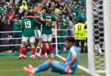 Mexico's offense ( Julián Quiñónes and Raúl Jiménez) celebrates after delivering a home-turf win in Mexico City Stadium at the 2026 FIFA World Cup's opening match.