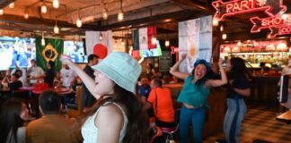Patrons of a bar celebrate a World Cup match
