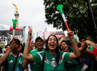 Mexican World Cup soccer fans gather at Mexico City's Angel of Independence