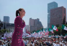 Sheinbaum stands on a stage before a rally on May 31, 2026