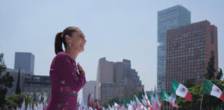 Sheinbaum stands on a stage before a rally on May 31, 2026