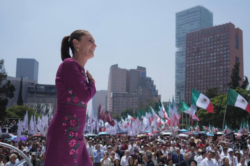 Sheinbaum stands on a stage before a rally on May 31, 2026
