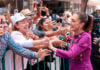 President Sheinbaum greets supporters outside a rally on May 31 to mark the second anniversary of her election in June 2024.