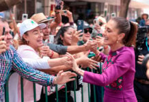 President Sheinbaum greets supporters outside a rally on May 31 to mark the second anniversary of her election in June 2024.