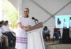 President Sheinbaum smiles from the podium of her morning press conference in Veracruz June 5