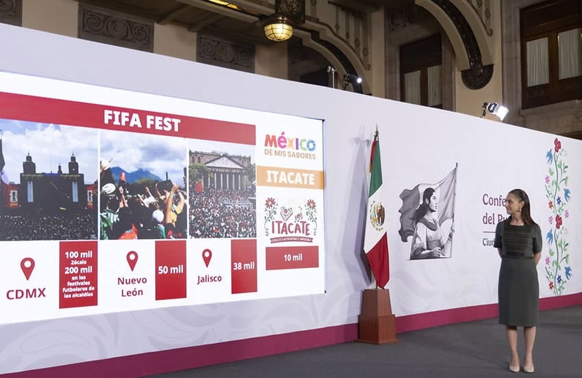 President Sheinbaum with a slide showing FIFA fan festival attendance numbers