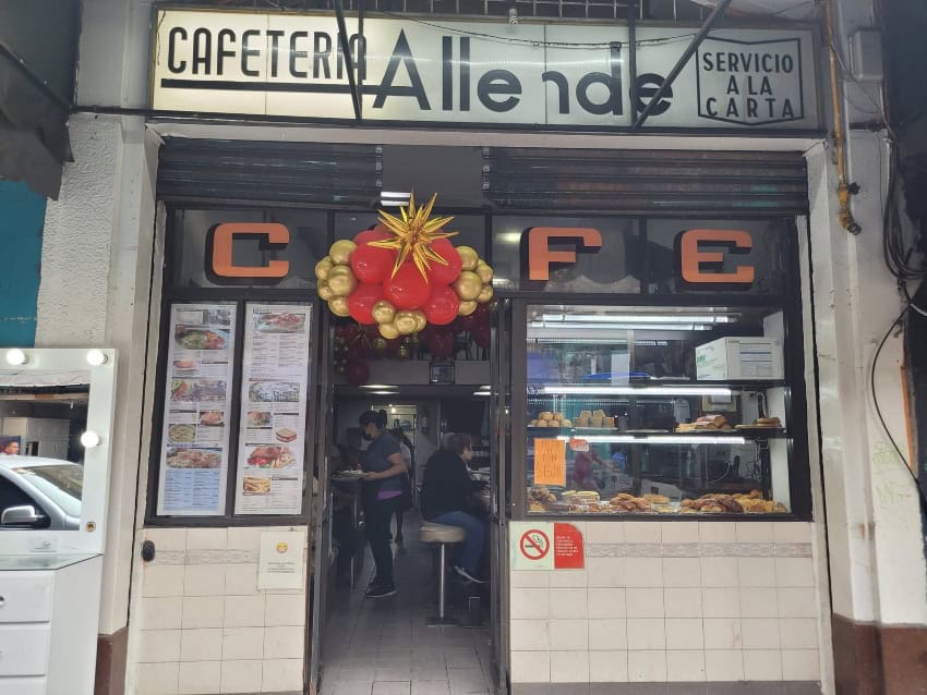 Cafe Allende in Mexico City, front window display