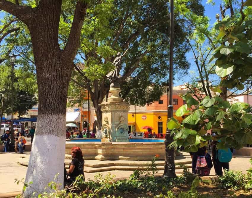Parque Embajadoras in Guanajuato on a sunny afternoon, with trees shading the central fountain