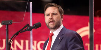 US Vice President JD Vance speaks into a microphone