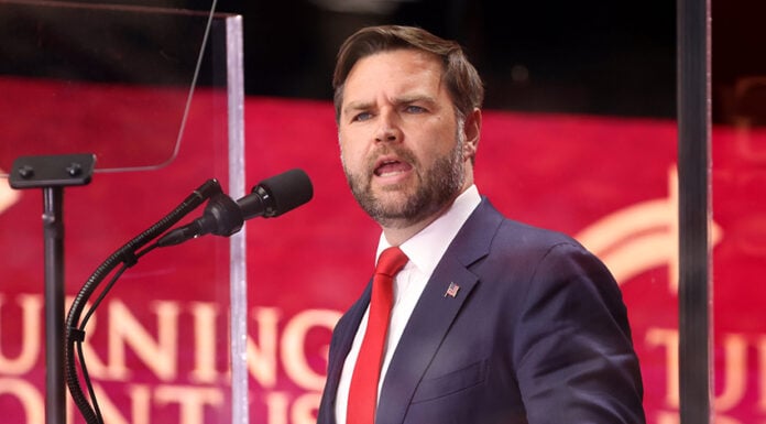 US Vice President JD Vance speaks into a microphone