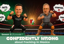 A podcast cover image shows cartoons of Travis Bembenek and George Reavis with the words "Confidently Wrong about Fracking in Mexico"