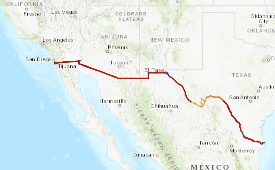 Map of US border wall, both existing and planned stretches, showing various cities in the United States and Mexico and a red line drawn horizontally from San Diego to near Monterrey, Mexico