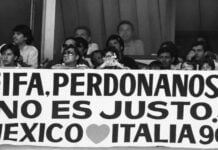 A sign at the 1990 World Cup in Italy protesting the exclusion of Mexico