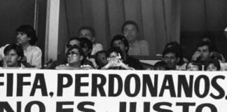 A sign at the 1990 World Cup in Italy protesting the exclusion of Mexico