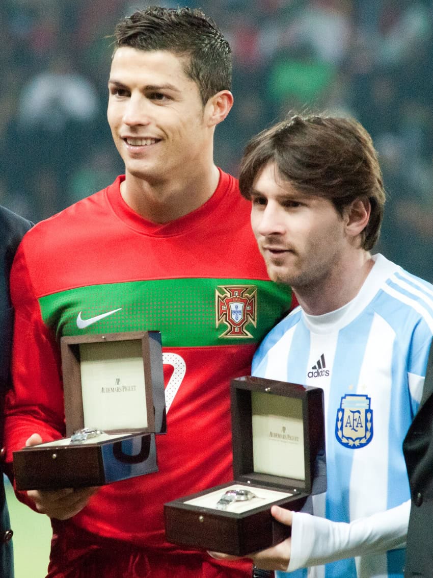 Cristiano Ronaldo and Lionel Messi together before an appearance for their national teams in 2011