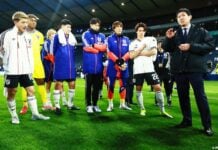 Members of the Japanese men's national team lined up together on a pitch