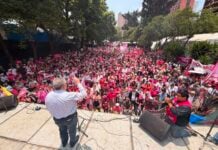 With shouts of "Fuera Morena!" (Out with Morena), supporters of Somos México, one of two newly certified political parties in Mexico, celebrate their registration at a rally Sunday near the Monument to the Revolution in Mexico City.
