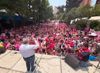 With shouts of "Fuera Morena!" (Out with Morena), supporters of Somos México, one of two newly certified political parties in Mexico, celebrate their registration at a rally Sunday near the Monument to the Revolution in Mexico City.