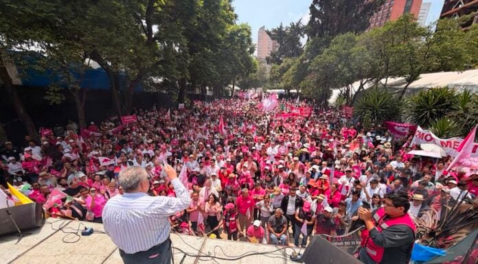 With shouts of "Fuera Morena!" (Out with Morena), supporters of Somos México, one of two newly certified political parties in Mexico, celebrate their registration at a rally Sunday near the Monument to the Revolution in Mexico City.