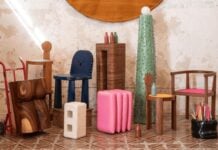 Various pieces of handmade furniture in whimsical shapes and bright colors