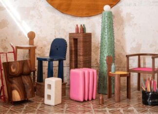 Various pieces of handmade furniture in whimsical shapes and bright colors