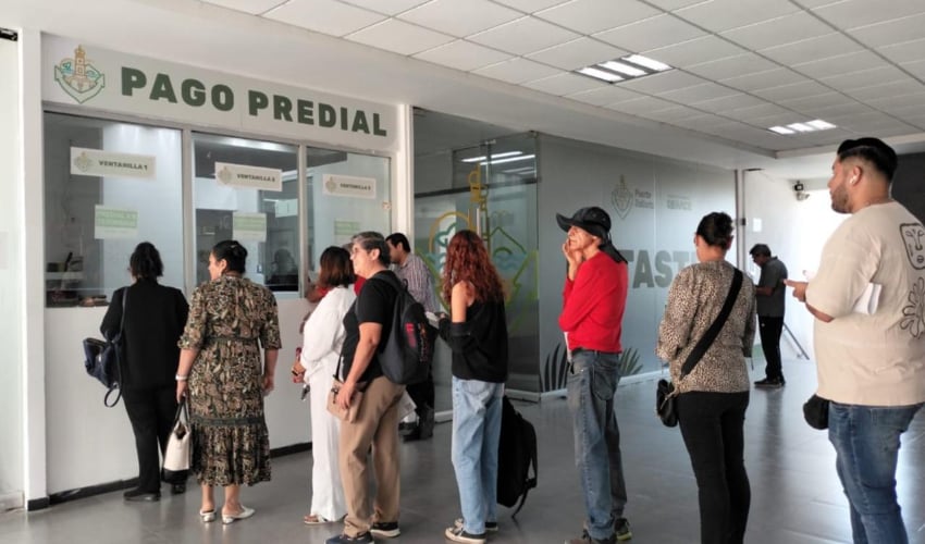 People from all walks of life waiting in a line before a teller window in a municipal office in Puerto Vallarta, Mexico. Above the teller window in thick block letter font in green are the Spanish words, "Pago Predial."