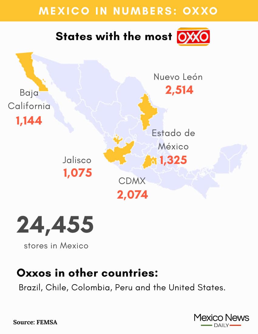 map showing states with the most oxxos in mexico