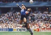 Diego Maradona scoring the "Hand of God" goal against England in 1986