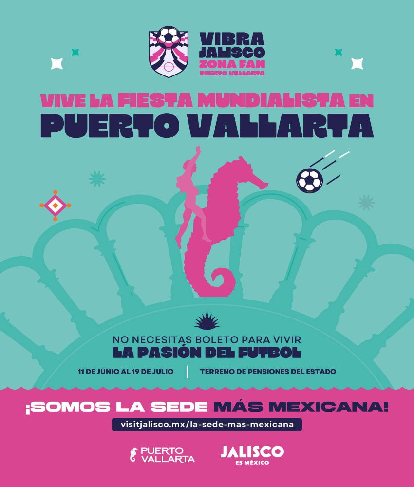 A poster publicizing events related to the 2026 World Cup happening in Puerto Vallarta, Mexico. The poster is aqua blue and pink with a mix of playful fat lettering in puink and dark blue. The poster's center features an illustrated seahorse in pink.