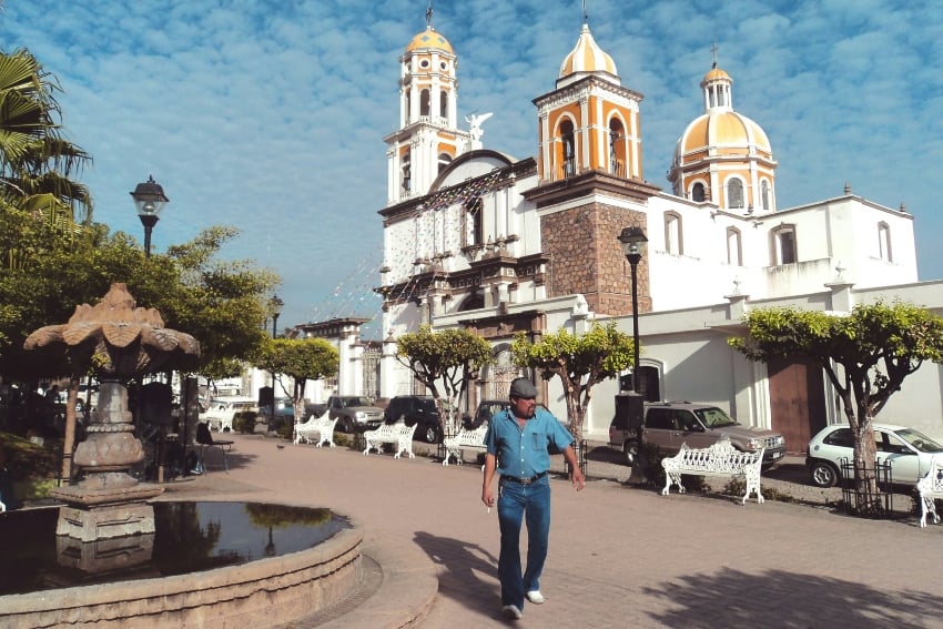 Public square and cathedral in Comala, Colima