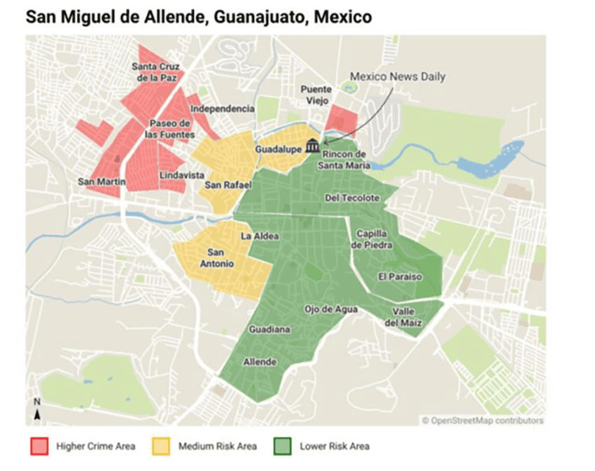 A map shows supposed high, low and medium crime areas of San Miguel de Allende