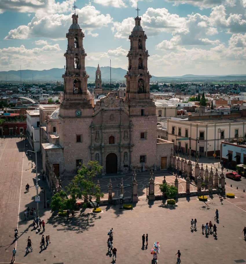 Plaza de Patria in Aguascalientes, drone shot capturing people in the square
