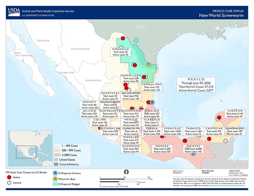 A map showing cases of new world screwworm reported in Mexico as of June 3. 