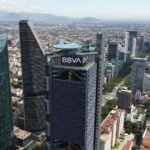 Mexico City, Mexico - August 25, 2021: Aerial view of BBVA bank tower