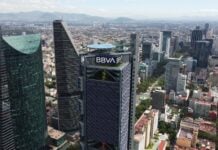 Mexico City, Mexico - August 25, 2021: Aerial view of BBVA bank tower