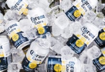 Corona Extra beer cans on ice