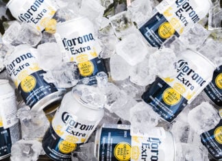 Corona Extra beer cans on ice
