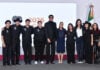 President Sheinbaum poses with the seven U.S.-based semi-finalists of the singing competition México canta at her July 23 press conference.