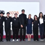 President Sheinbaum poses with the seven U.S.-based semi-finalists of the singing competition México canta at her July 23 press conference.