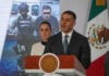 Security Minister Omar García Harfuch discusses the arrest of "R1," alleged mastermind of Mayor Carlos Manzo's murder, at the July 31 mañanera as President Sheinbaum looks on