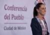 Sheinbaum stands in front of a banner reading "Conferencia del Pueblo"