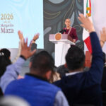 President Sheinbaum at the podium of her July 3 mañanera