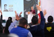 President Sheinbaum at the podium of her July 3 mañanera