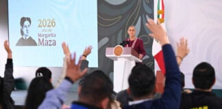President Sheinbaum at the podium of her July 3 mañanera